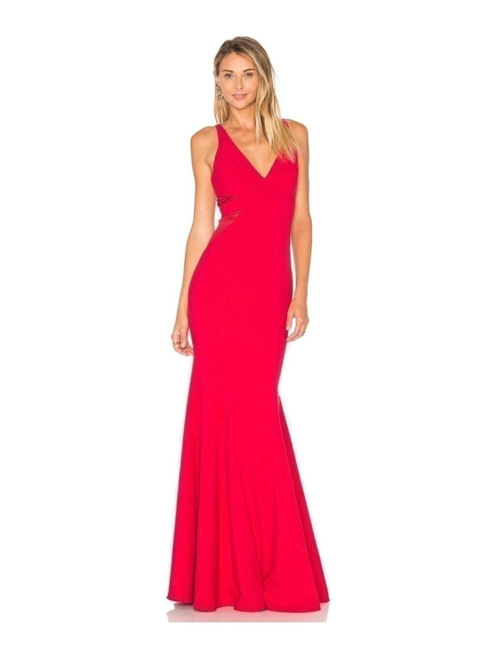Jay Godfrey Scarlet V-Neck Maxi Gown, Red Mesh Panel, Rockefeller Dress